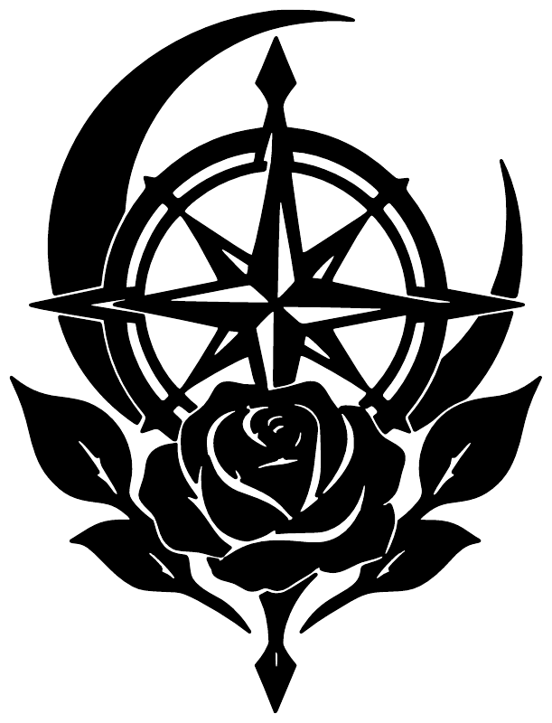 Black rose-and-compass occult vinyl decal with star compass and thorns