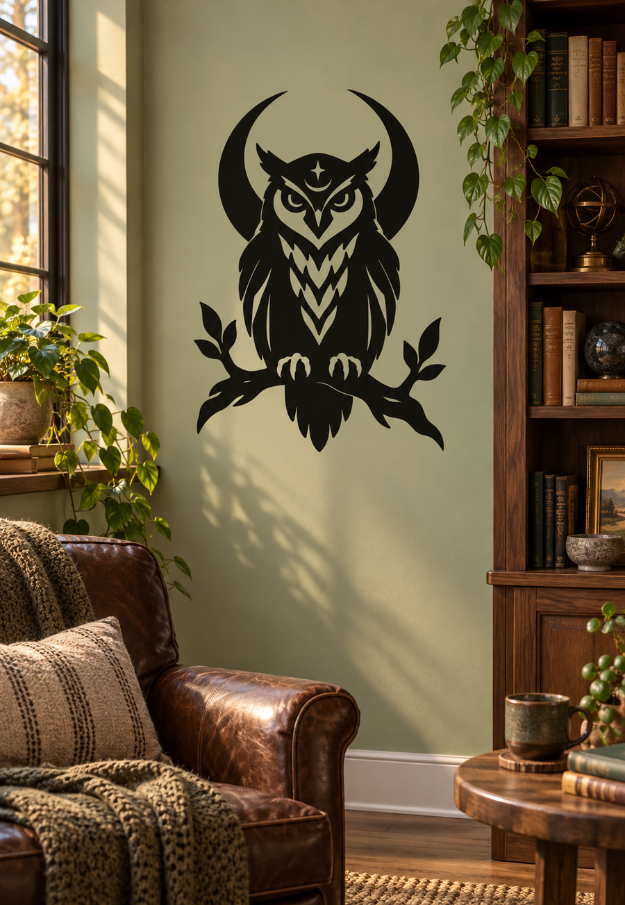 Black owl guardian vinyl decal with crescent moon behind the owl silhouette