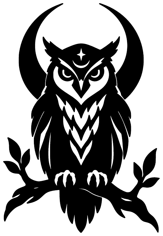 Black owl vinyl decal with star emblem on forehead, wings spread and leaf accents