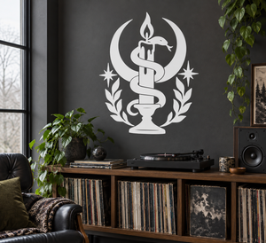 Serpent candle crest vinyl decal with laurel wreath and star accents, white emblem