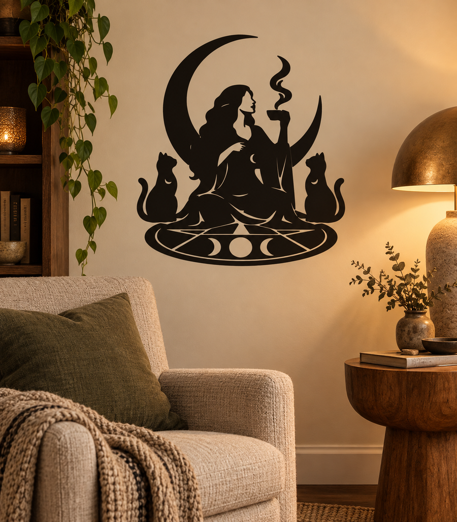 Black witch and crescent moon vinyl wall decal with cats and candles