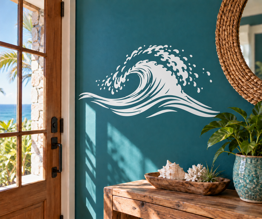 Ocean wave vinyl decal with foaming crest and rolling breaker, white design on teal surface