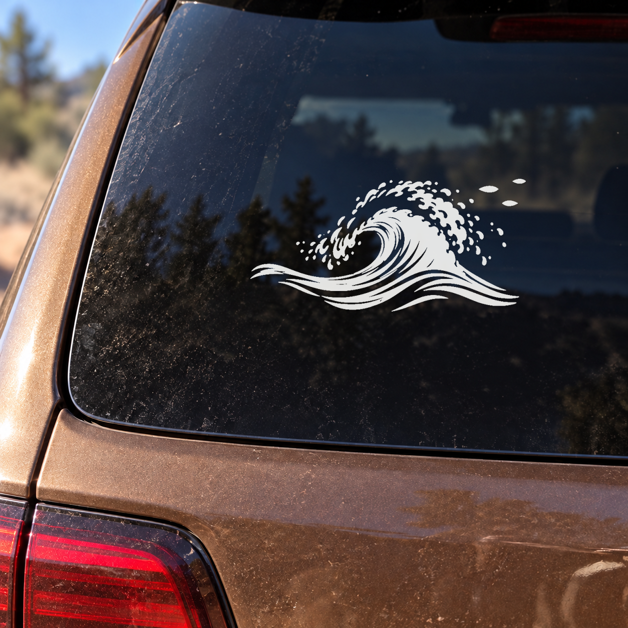 Wave crest vinyl decal with foamy spray on car rear window