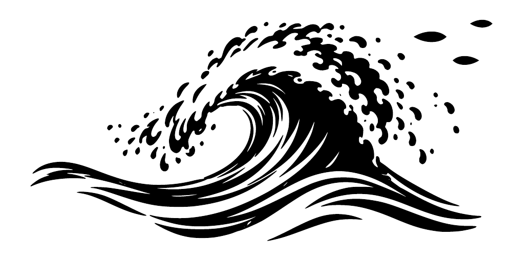 Foaming ocean wave crest vinyl decal, black line art on white