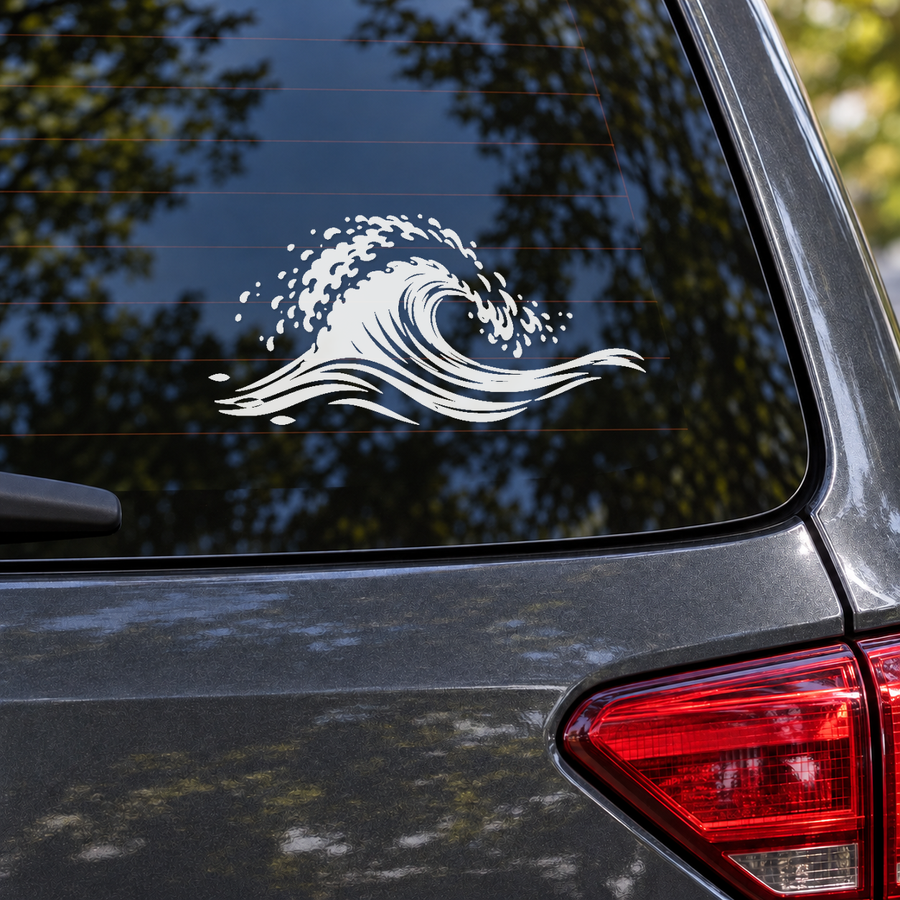Ocean wave decal on car rear window, black and white crest