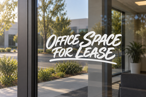 Horizontal vinyl decal with 'Office Space For Lease' lettering, white