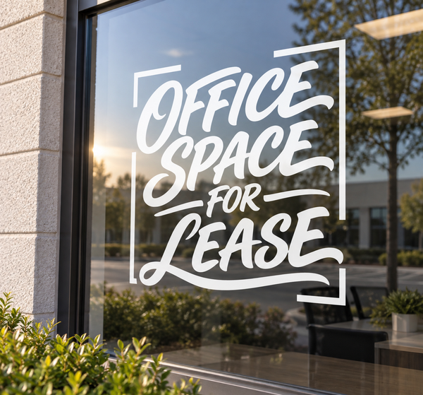 Vinyl decal with white Office Space for Lease lettering on window glass