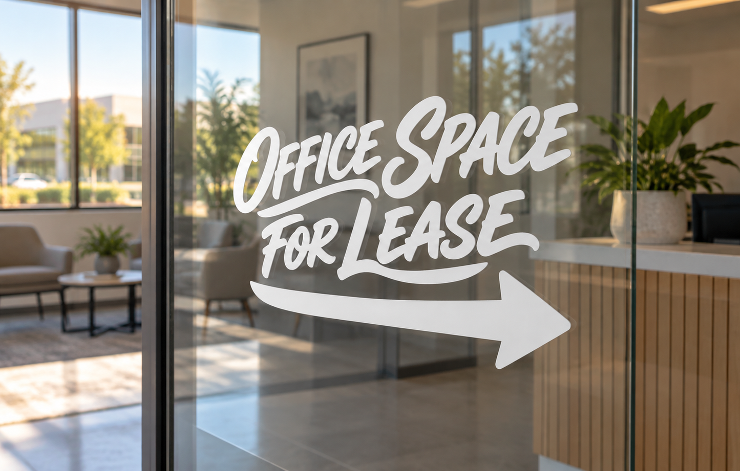 White directional vinyl decal: 'Office Space for Lease' with right arrow