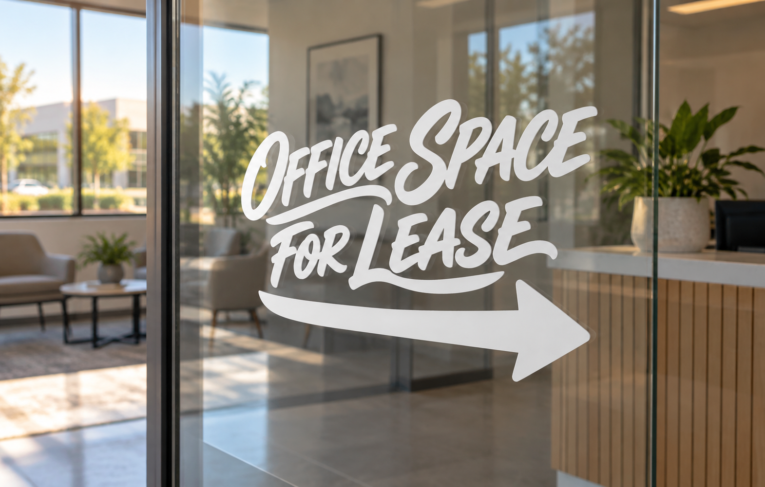 White directional vinyl decal: 'Office Space for Lease' with right arrow