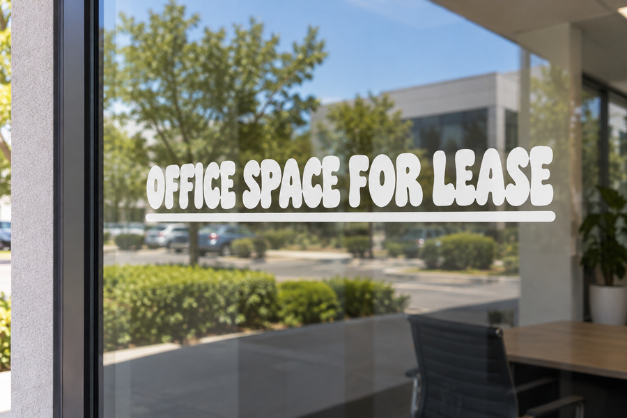 White horizontal vinyl decal reading 'OFFICE SPACE FOR LEASE'