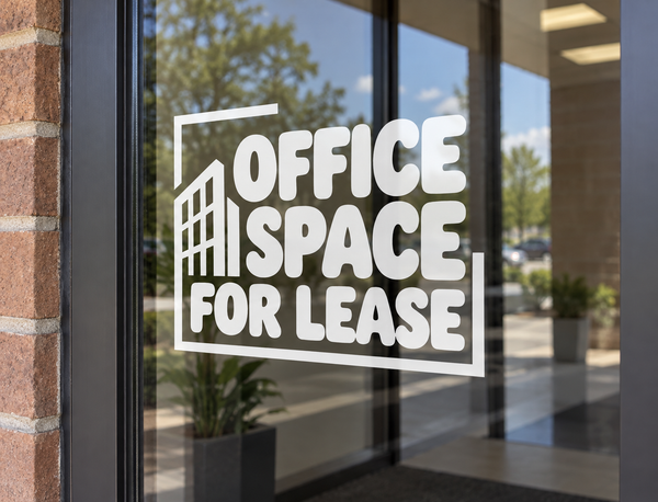 Window vinyl decal with stacked 'OFFICE SPACE FOR LEASE' lettering in white