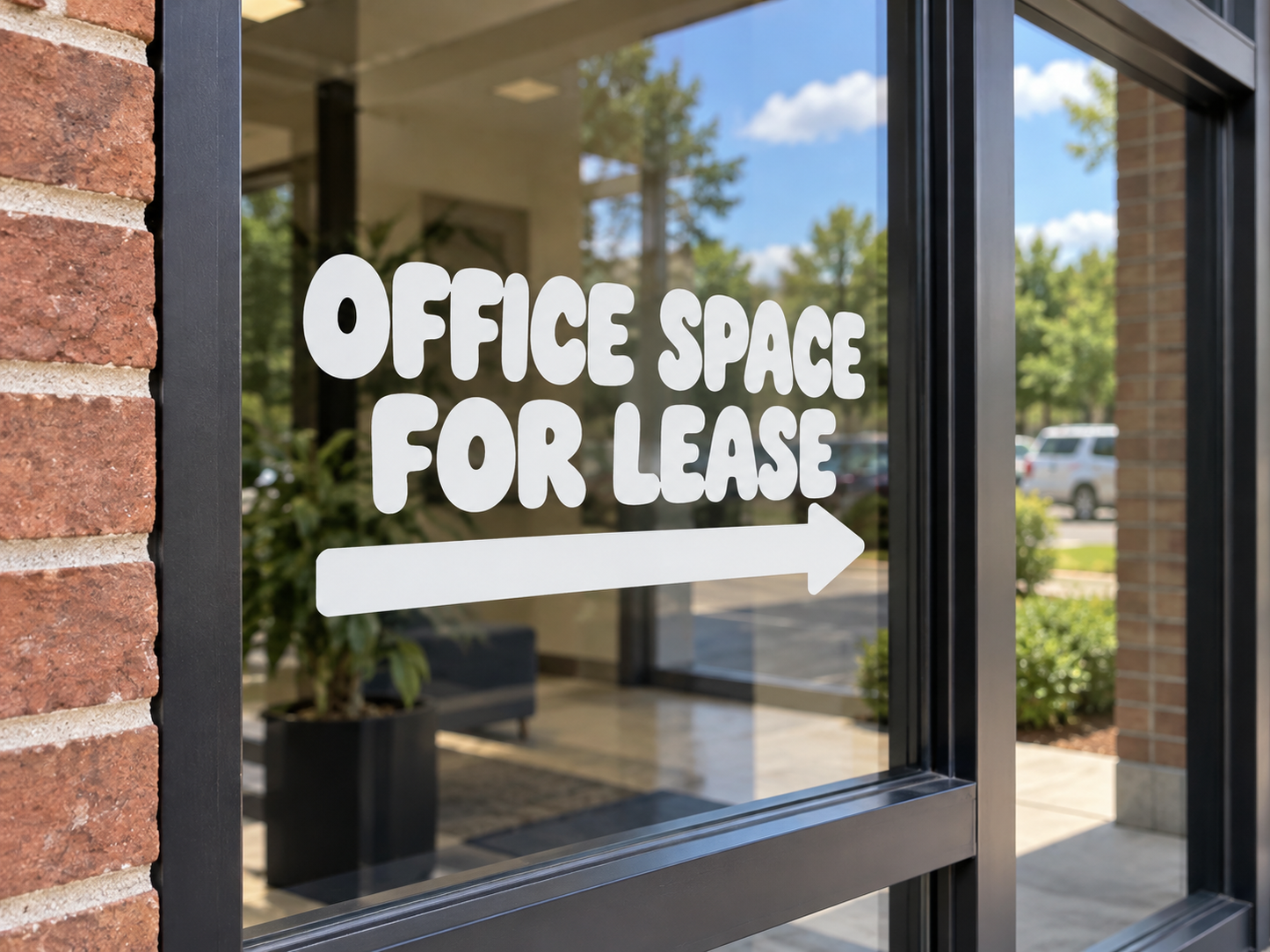 Directional vinyl decal 'Office Space for Lease' with right arrow, for glass