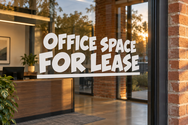 Horizontal vinyl decal for office window, 'OFFICE SPACE FOR LEASE' bold letters