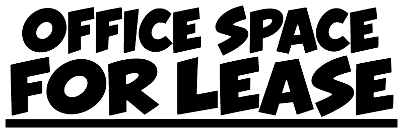Horizontal vinyl decal: 'OFFICE SPACE FOR LEASE' bold uppercase black letters with white outline