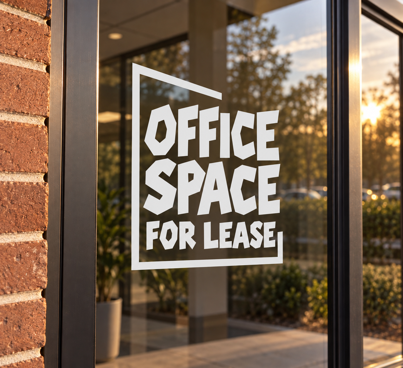 Vinyl window decal with white "OFFICE SPACE FOR LEASE" lettering inside square