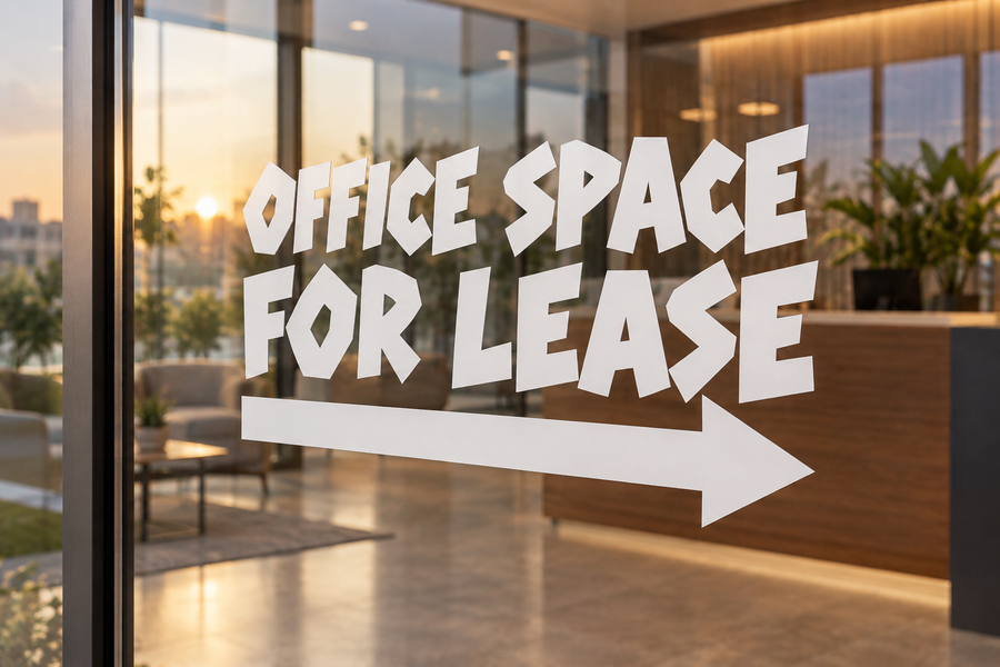 Directional vinyl decal with 'OFFICE SPACE FOR LEASE' and right arrow, white letters