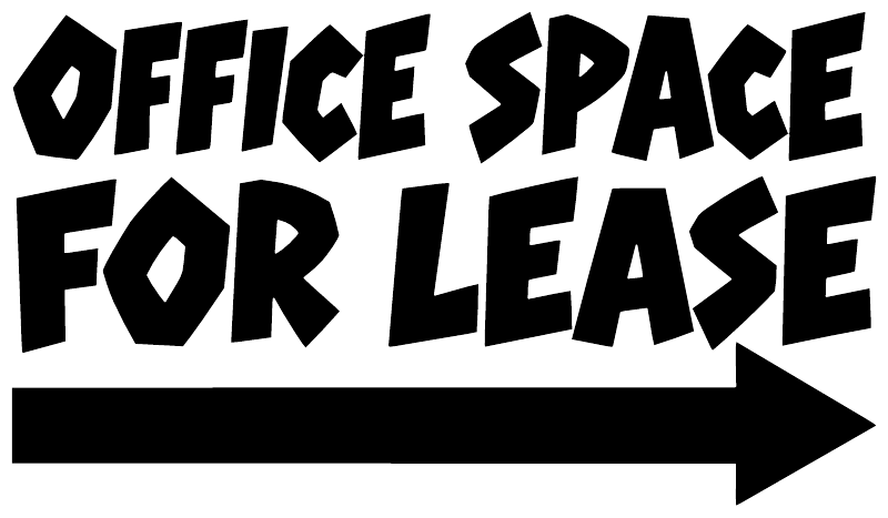 Directional vinyl decal close-up with bold 'OFFICE SPACE FOR LEASE' text and right arrow