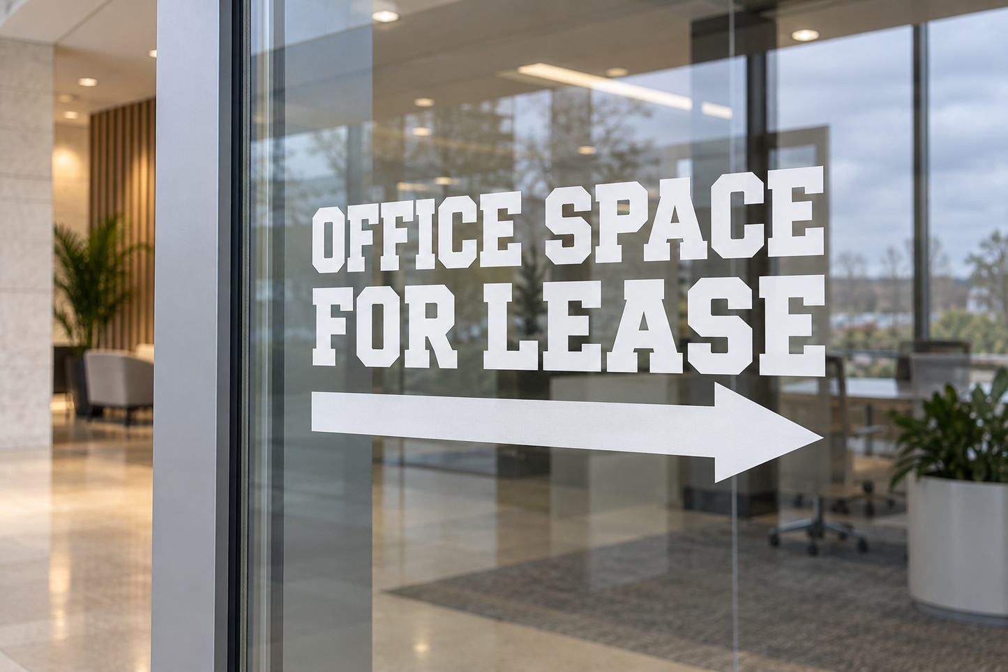 Directional vinyl decal with “OFFICE SPACE FOR LEASE” text and right arrow