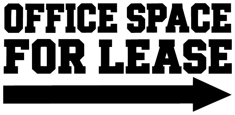 Vinyl decal with large “OFFICE SPACE FOR LEASE” lettering, black strip, and right arrow