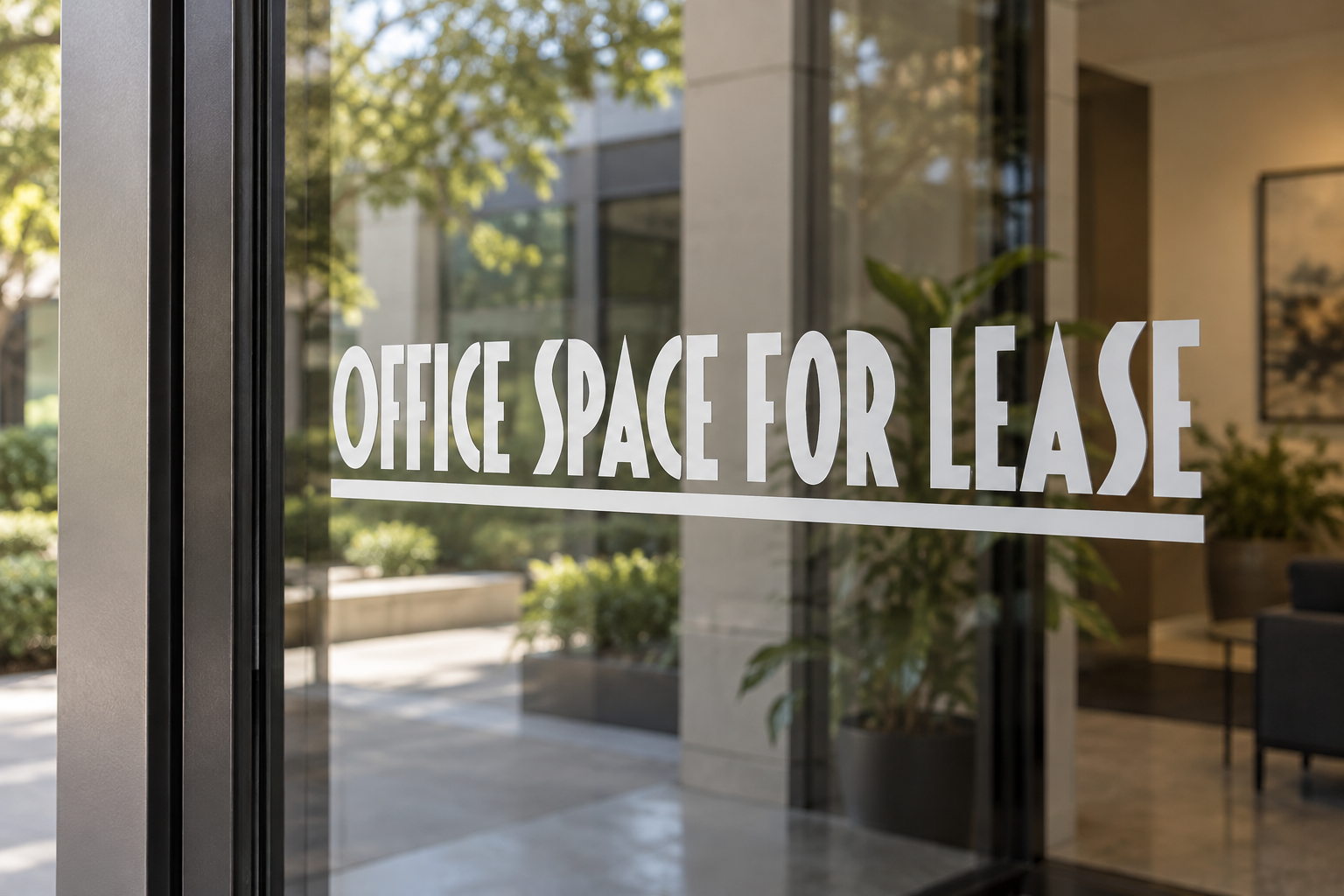 Window vinyl decal with white text reading “OFFICE SPACE FOR LEASE”