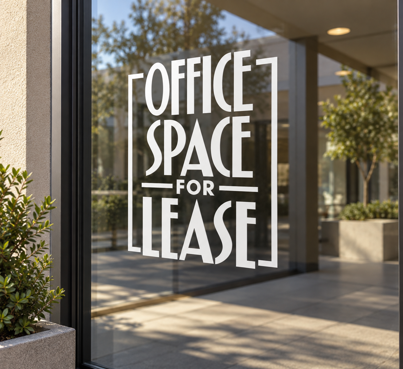 White vinyl window decal: bold “OFFICE SPACE FOR LEASE” lettering.