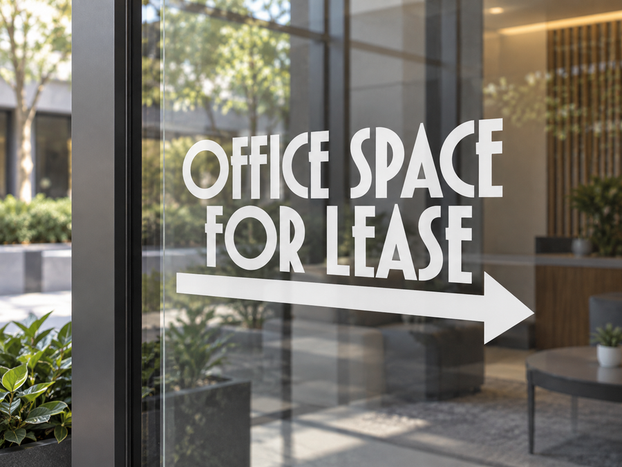 Directional vinyl decal with white Office Space for Lease text and right arrow