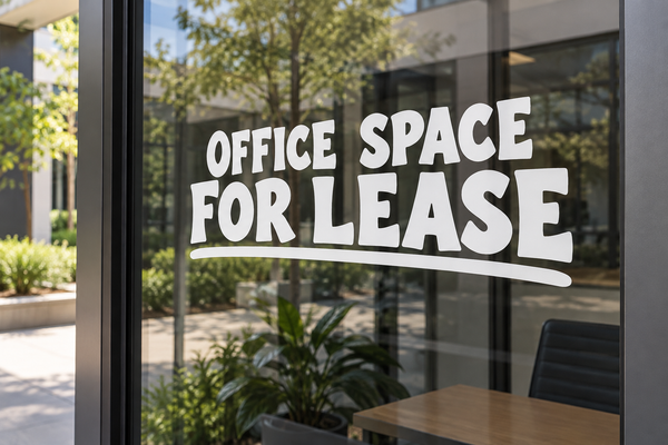 Office lease lettering vinyl window decal reading "OFFICE SPACE FOR LEASE"