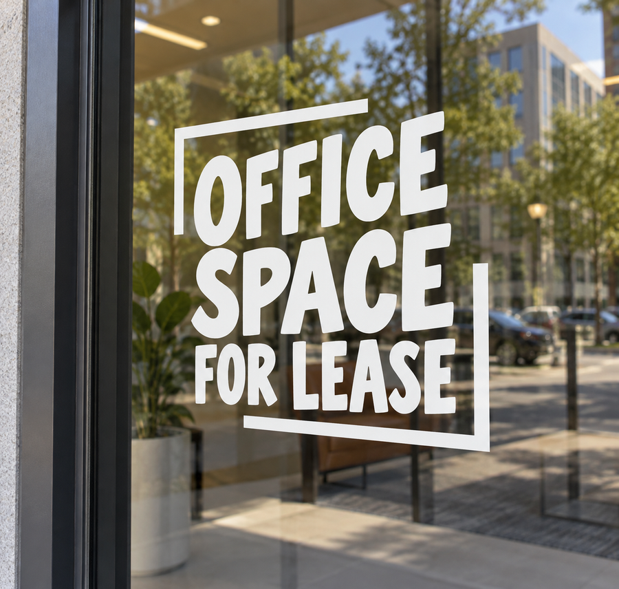 Stacked vinyl lettering decal: "OFFICE SPACE FOR LEASE" in square border, white letters
