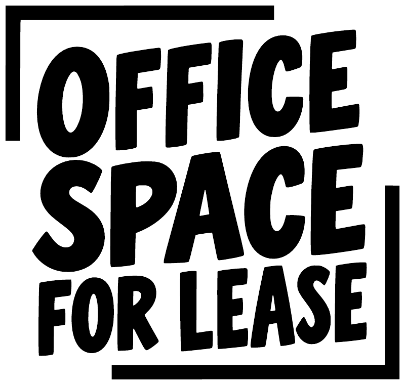 Stacked vinyl lettering decal: "OFFICE SPACE FOR LEASE" with bold black letters in square border