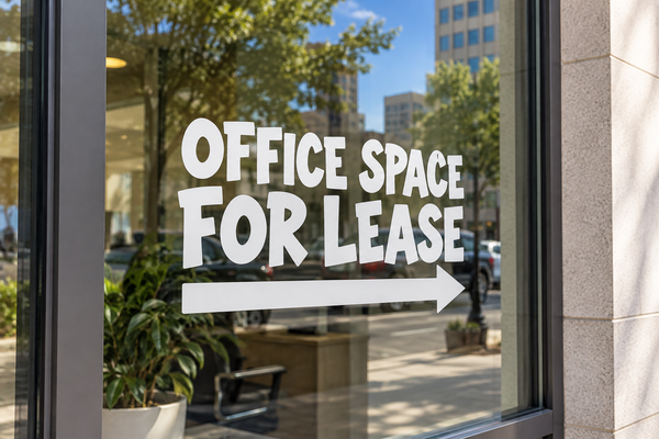 Directional vinyl decal with 'OFFICE SPACE FOR LEASE' text and right arrow