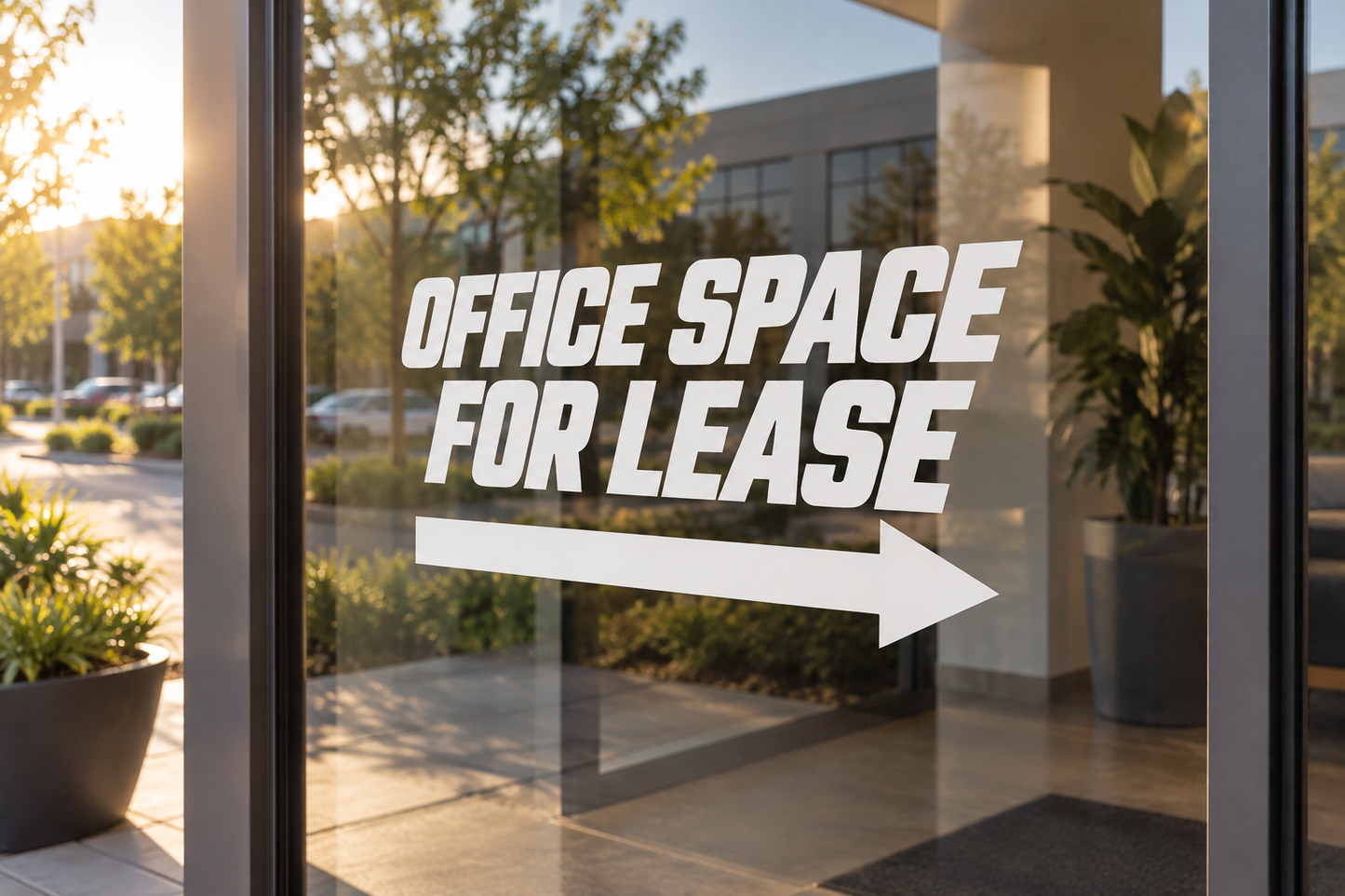 Directional vinyl decal with 'OFFICE SPACE FOR LEASE' text and right arrow