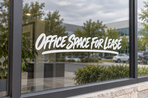 Horizontal vinyl lettering decal for glass: "OFFICE SPACE FOR LEASE" in white