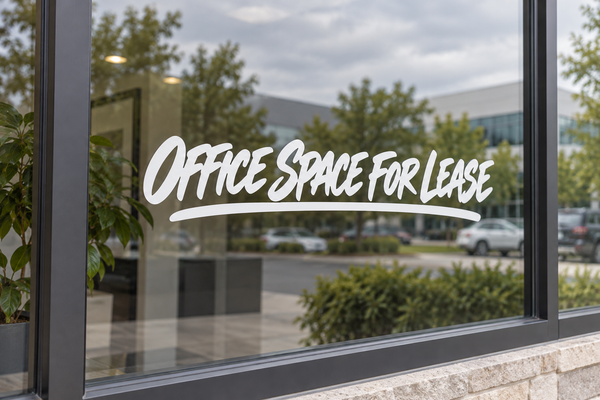 Horizontal vinyl lettering decal for glass: "OFFICE SPACE FOR LEASE" in white