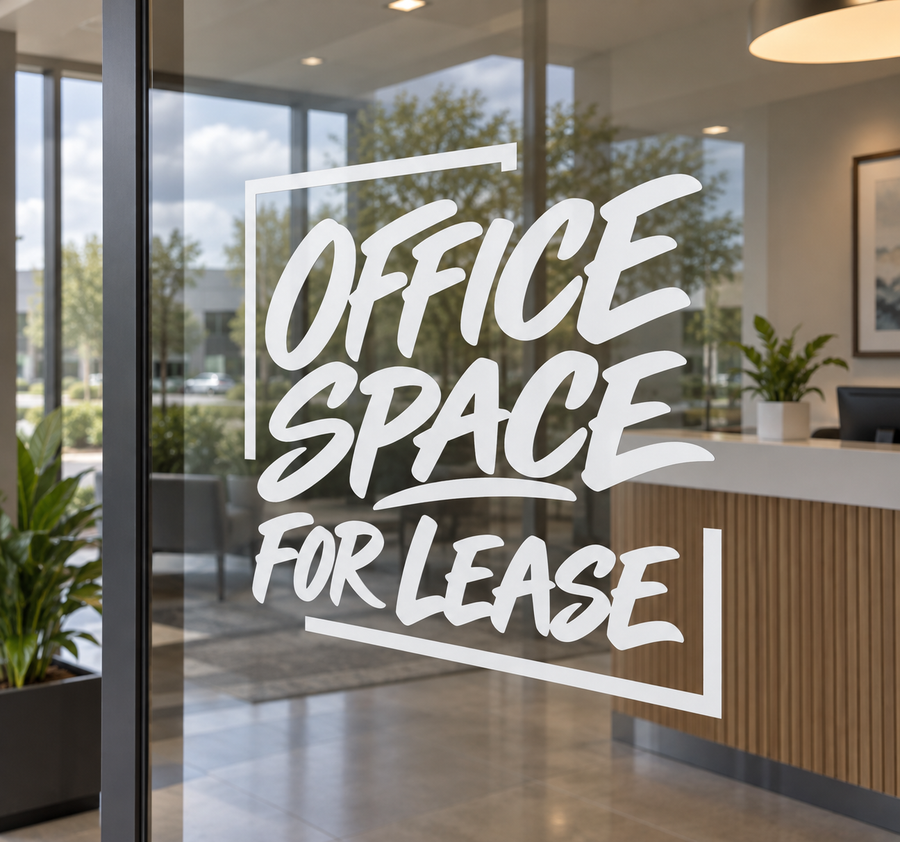 Stacked vinyl decal with 'OFFICE SPACE FOR LEASE' text, white lettering on glass