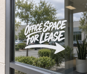 Directional vinyl decal with white “Office Space for Lease” lettering and right arrow