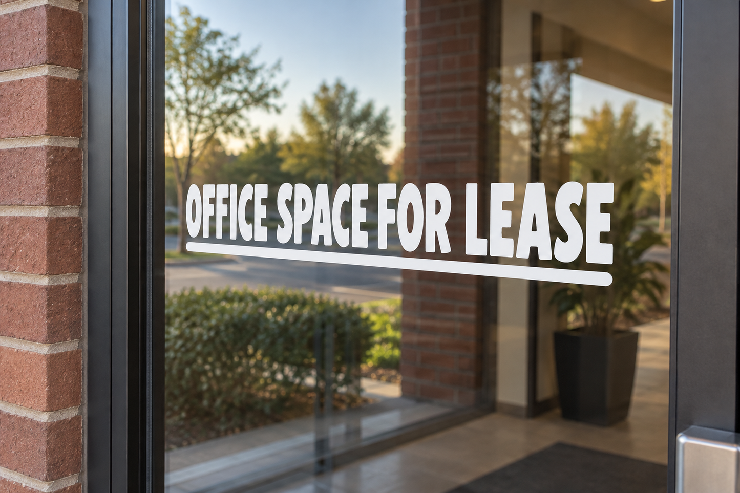 Office space for lease vinyl decal with bold white text and black shadow on glass