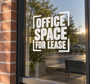 Stacked vinyl decal with "OFFICE SPACE FOR LEASE" lettering for office windows