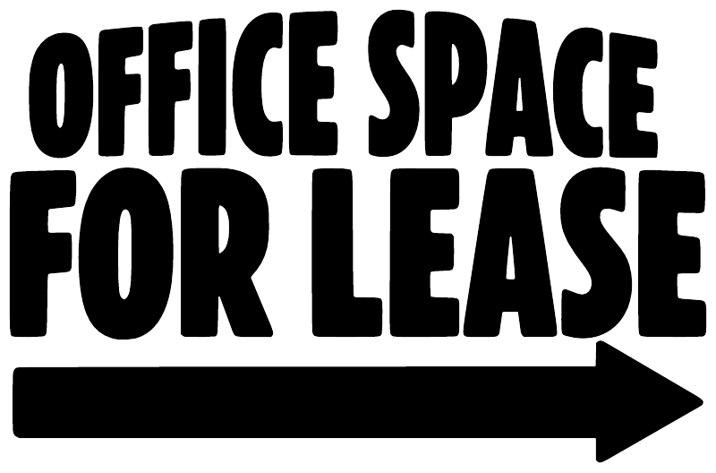 Vinyl decal text 'OFFICE SPACE FOR LEASE' with bold right-pointing arrow
