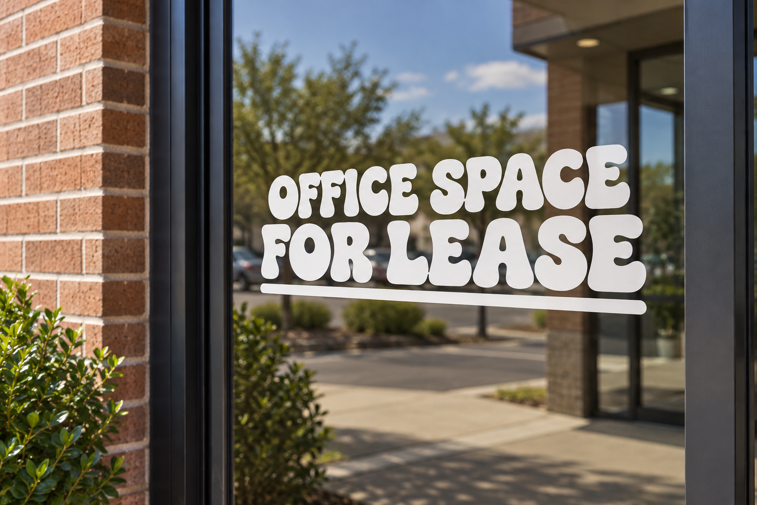 Horizontal vinyl decal with white "OFFICE SPACE FOR LEASE" lettering on a window