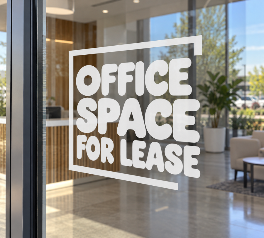 Vinyl wall decal with stacked text: OFFICE SPACE FOR LEASE, white letters on glass