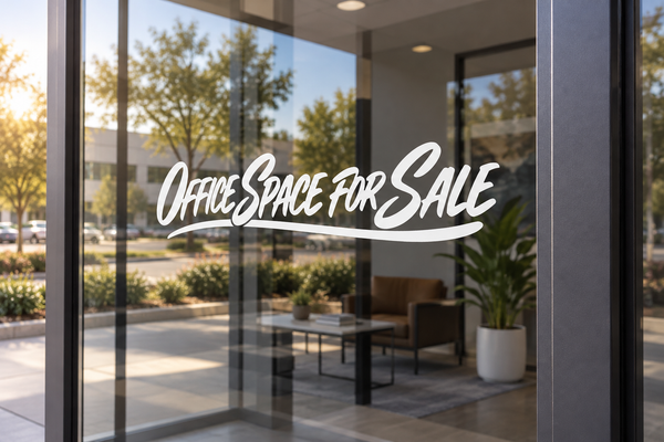 Horizontal vinyl decal with white script text reading “OfficeSpace for Sale”