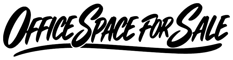 Horizontal vinyl decal with black script lettering “OfficeSpace for Sale” with white outline
