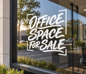 Stacked vinyl window decal with white script text: “Office Space for Sale”