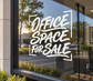Stacked vinyl window decal with white script text: “Office Space for Sale”