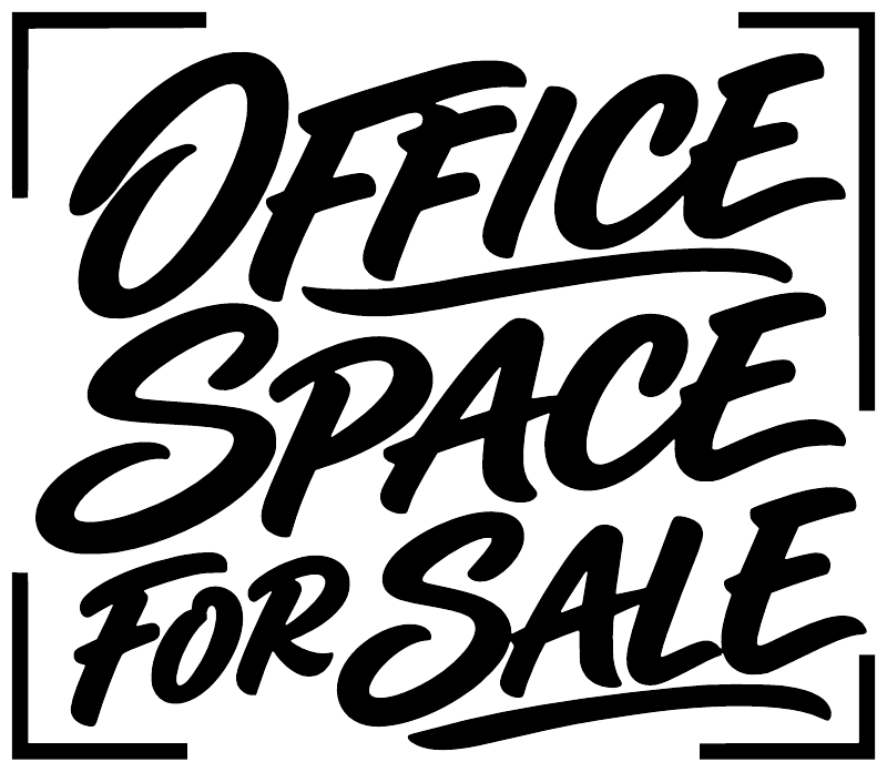Close-up stacked vinyl decal with black script text: “Office Space for Sale”