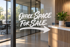 Directional vinyl decal reading “OFFICE SPACE FOR SALE” with right arrow