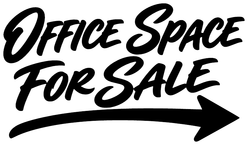 Vinyl decal close-up: “OFFICE SPACE FOR SALE” script with right arrow