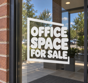 Stacked window vinyl decal: 'OFFICE SPACE FOR SALE' lettering