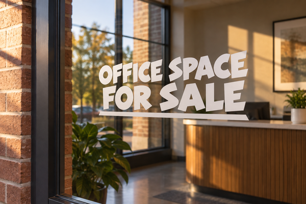 Horizontal vinyl window decal: "OFFICE SPACE FOR SALE"
