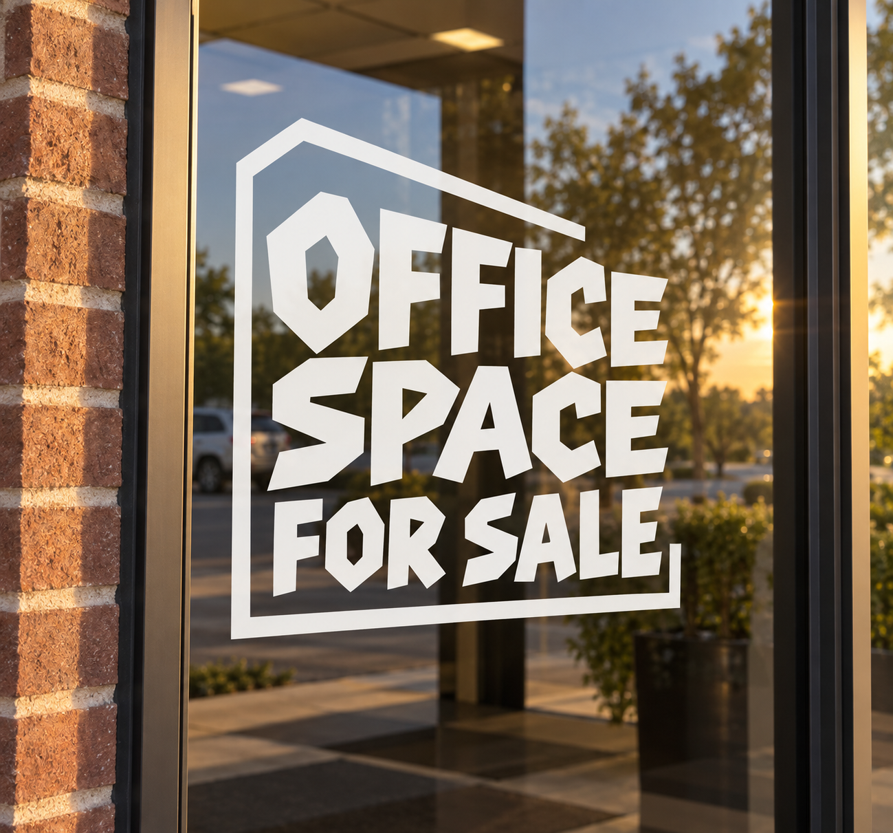 Stacked vinyl decal with "OFFICE SPACE FOR SALE" lettering in white with dark outline